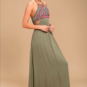 Embroidered Halter Maxi Dress in Olive Green